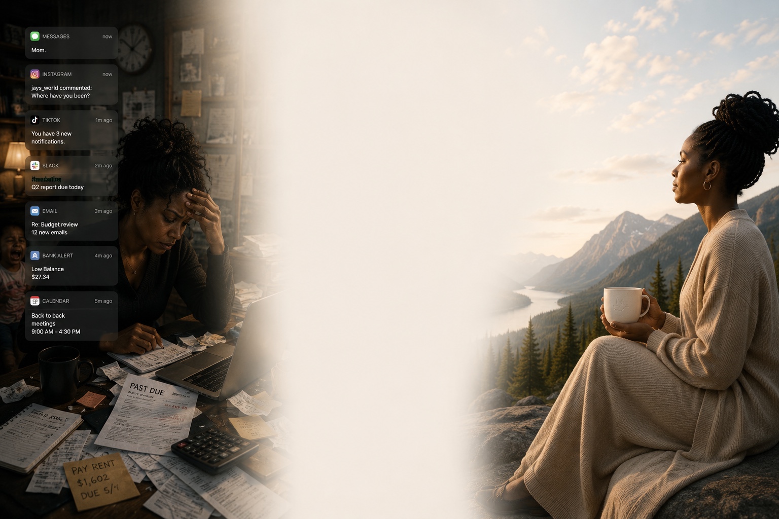 A split scene: on the left, a woman overwhelmed at a desk buried in past-due bills and phone notifications while a child cries nearby; on the right, a woman sitting calmly with a cup of tea before a mountain lake at sunrise — the same life under different conditions